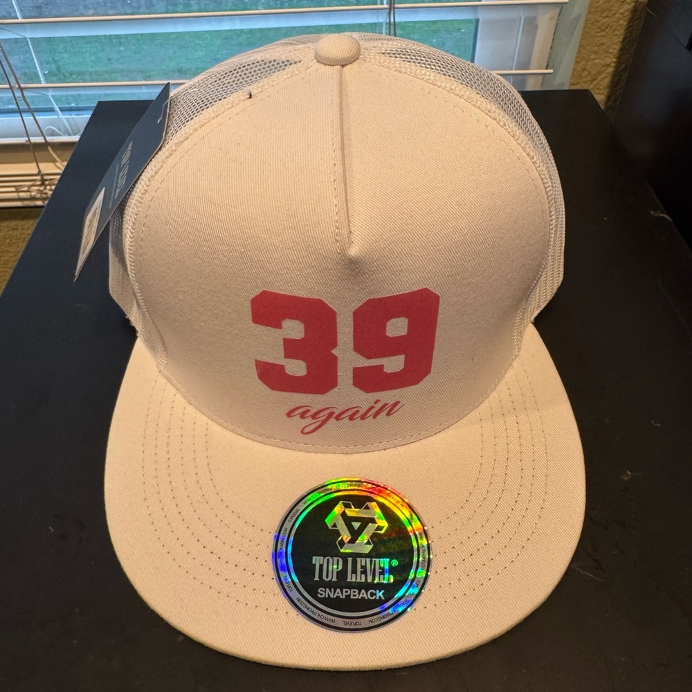 Top Level White and Pink “39 Again” Snapback Hat